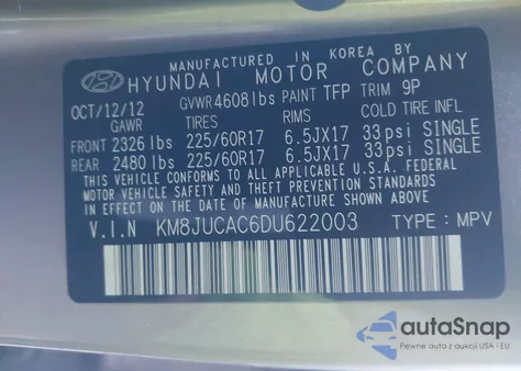 2013 Hyundai Tucson Gls z USA, uszkodzony, nr VIN KM8JUCAC6DU622003